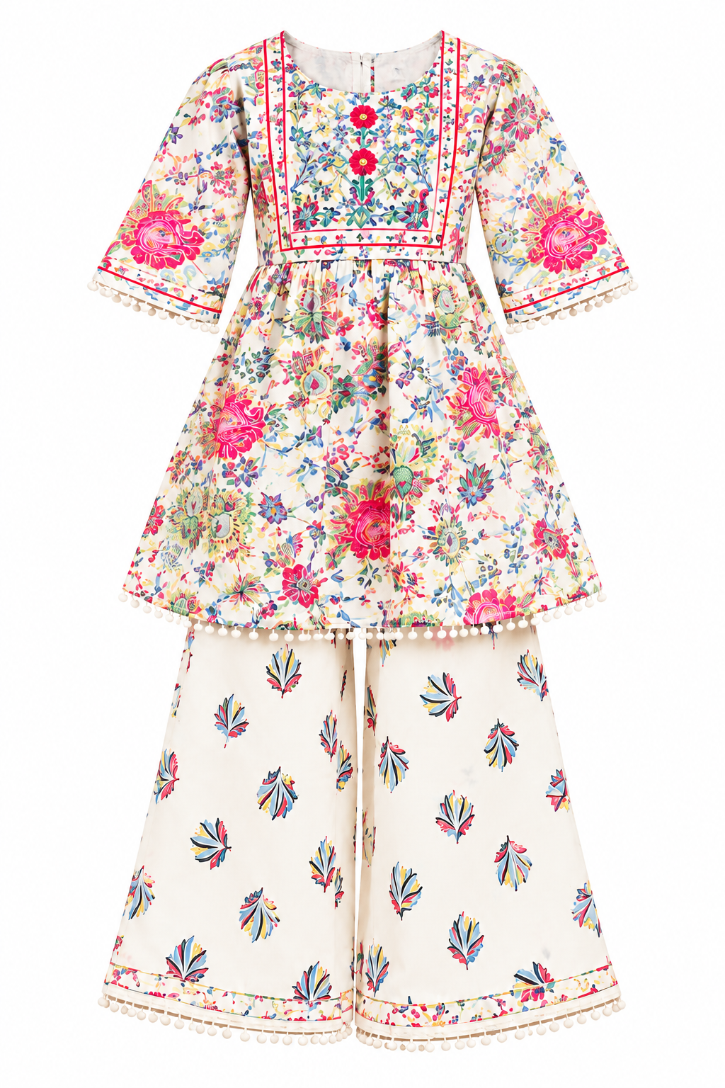 Girls Floral Printed Kurta Sharara Set | 3/4 Sleeve Ethnic Top with Matching Wide Leg Pants | Colourful Traditional Festive Wear for Kids