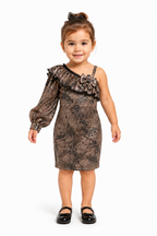 Girls Elegant Gold Patterned Midi Dress with Shoulder Accent