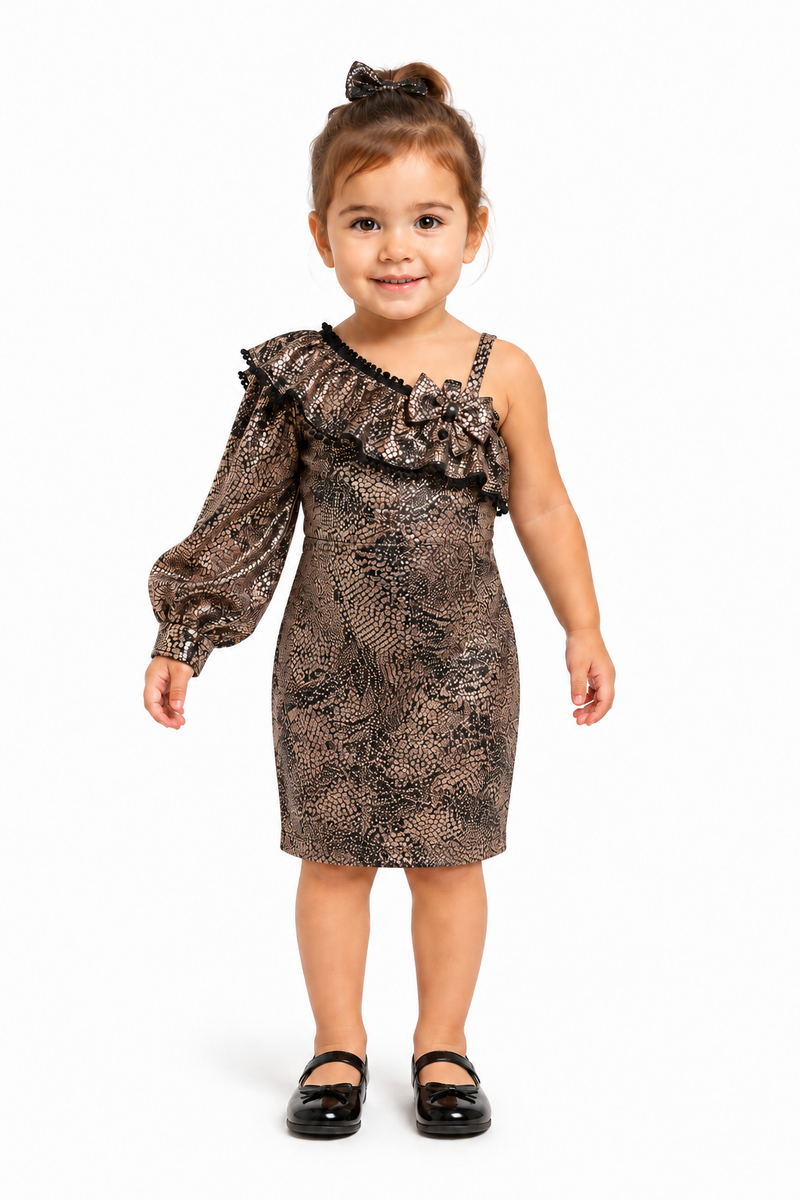 Girls Elegant Gold Patterned Midi Dress with Shoulder Accent