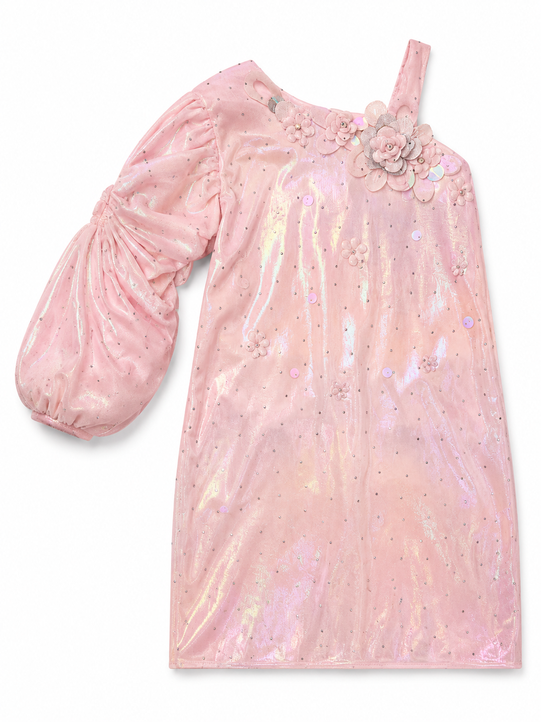 Girls Pink Long Sleeve Midi Dress with Shoulder Accent