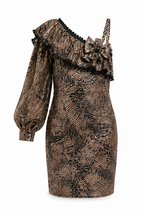 Girls Elegant Gold Patterned Midi Dress with Shoulder Accent