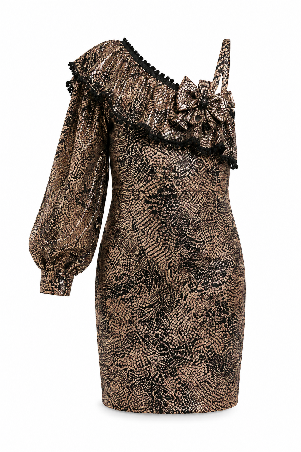 Girls Elegant Gold Patterned Midi Dress with Shoulder Accent