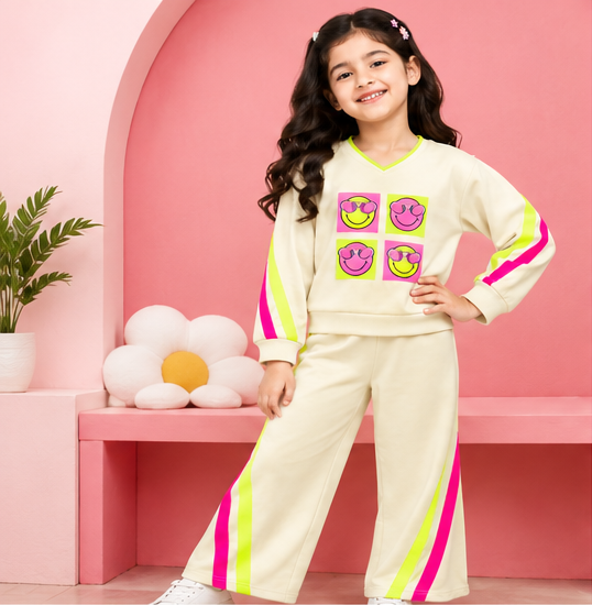 Girls Co-Ord Set | Full Sleeve Sweatshirt and Wide Leg Pants | Smiley Face Graphic Print | Contrast Stripe Detail | 2-Piece Casual Wear Set