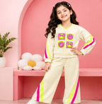 Girls Co-Ord Set | Full Sleeve Sweatshirt and Wide Leg Pants | Smiley Face Graphic Print | Contrast Stripe Detail | 2-Piece Casual Wear Set