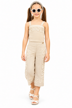 Girls Beige Embroidered Co-Ord Set with Sleeveless Top and Wide Leg Pants – Stylish Designer 2-Piece Party Wear Outfit