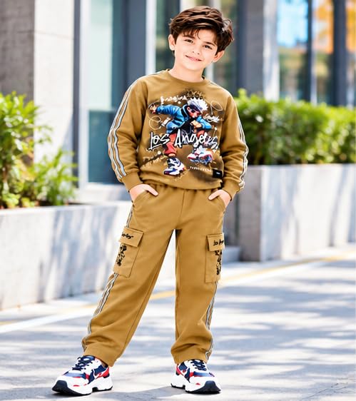 Boys Mustard Brown Printed Co-Ord Set with Sweatshirt and Cargo Jogger Pants | Full Sleeve Graphic Top with Side Stripes | Casual Outfit for Kids