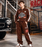 Boys Brown Printed Co-Ord Set with Full Sleeve Top and Jogger Pants | Collared Sweatshirt with Side Stripes and Cargo Pockets | Casual Outfit for Kids