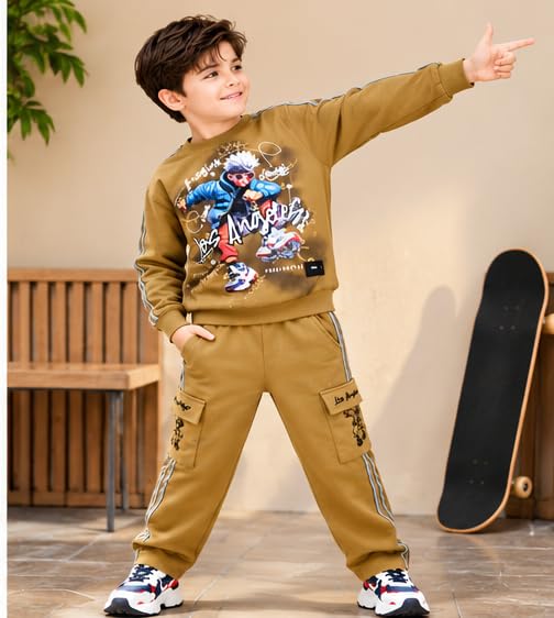 Boys Mustard Brown Printed Co-Ord Set with Sweatshirt and Cargo Jogger Pants | Full Sleeve Graphic Top with Side Stripes | Casual Outfit for Kids