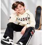 Boys Cream Hoodie and Black Cargo Jogger Co-Ord Set | Full Sleeve Graphic Sweatshirt with Wide Leg Pants and Side Stripes | Casual Outfit for Kids