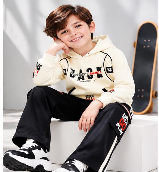 Boys Cream Hoodie and Black Cargo Jogger Co-Ord Set | Full Sleeve Graphic Sweatshirt with Wide Leg Pants and Side Stripes | Casual Outfit for Kids