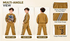 Boys Mustard Brown Printed Co-Ord Set with Sweatshirt and Cargo Jogger Pants | Full Sleeve Graphic Top with Side Stripes | Casual Outfit for Kids