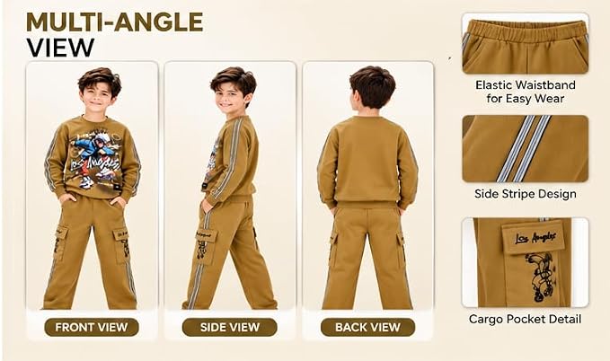Boys Mustard Brown Printed Co-Ord Set with Sweatshirt and Cargo Jogger Pants | Full Sleeve Graphic Top with Side Stripes | Casual Outfit for Kids