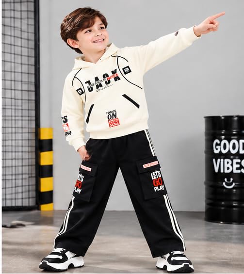 Boys Cream Hoodie and Black Cargo Jogger Co-Ord Set | Full Sleeve Graphic Sweatshirt with Wide Leg Pants and Side Stripes | Casual Outfit for Kids