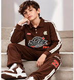 Boys Brown Printed Co-Ord Set with Full Sleeve Top and Jogger Pants | Collared Sweatshirt with Side Stripes and Cargo Pockets | Casual Outfit for Kids