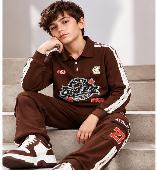 Boys Brown Printed Co-Ord Set with Full Sleeve Top and Jogger Pants | Collared Sweatshirt with Side Stripes and Cargo Pockets | Casual Outfit for Kids
