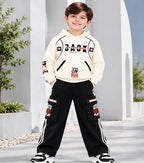 Boys Cream Hoodie and Black Cargo Jogger Co-Ord Set | Full Sleeve Graphic Sweatshirt with Wide Leg Pants and Side Stripes | Casual Outfit for Kids