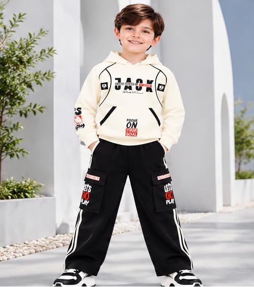 Boys Cream Hoodie and Black Cargo Jogger Co-Ord Set | Full Sleeve Graphic Sweatshirt with Wide Leg Pants and Side Stripes | Casual Outfit for Kids