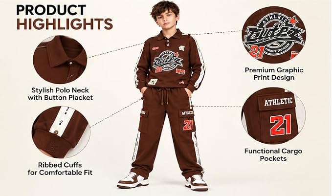 Boys Brown Printed Co-Ord Set with Full Sleeve Top and Jogger Pants | Collared Sweatshirt with Side Stripes and Cargo Pockets | Casual Outfit for Kids