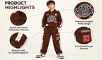 Boys Brown Printed Co-Ord Set with Full Sleeve Top and Jogger Pants | Collared Sweatshirt with Side Stripes and Cargo Pockets | Casual Outfit for Kids