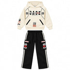Boys Cream Hoodie and Black Cargo Jogger Co-Ord Set | Full Sleeve Graphic Sweatshirt with Wide Leg Pants and Side Stripes | Casual Outfit for Kids