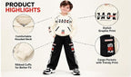 Boys Cream Hoodie and Black Cargo Jogger Co-Ord Set | Full Sleeve Graphic Sweatshirt with Wide Leg Pants and Side Stripes | Casual Outfit for Kids