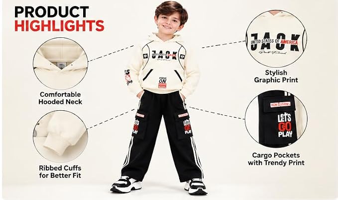 Boys Cream Hoodie and Black Cargo Jogger Co-Ord Set | Full Sleeve Graphic Sweatshirt with Wide Leg Pants and Side Stripes | Casual Outfit for Kids