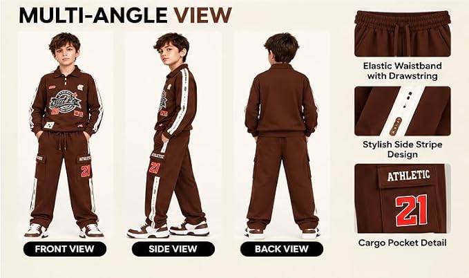 Boys Brown Printed Co-Ord Set with Full Sleeve Top and Jogger Pants | Collared Sweatshirt with Side Stripes and Cargo Pockets | Casual Outfit for Kids