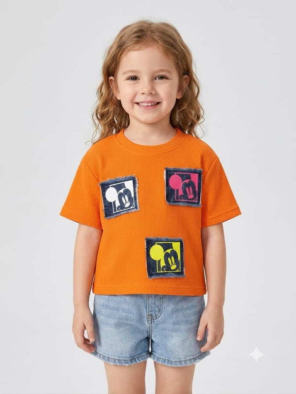 Orange Textured Cartoon Patch Kids Half Sleeve T-Shirt