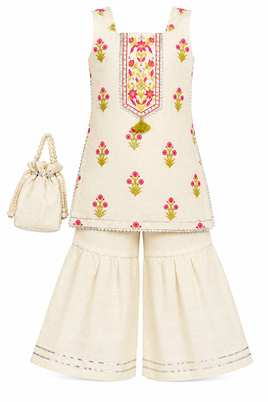 Girls Cream Sharara Set | Sleeveless Floral Printed Kurti with Wide Leg Sharara Pants | 2-Piece Traditional Ethnic Wear for Festivals and Parties