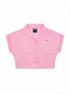 Pink Collared Twist Hem Girls Crop Top