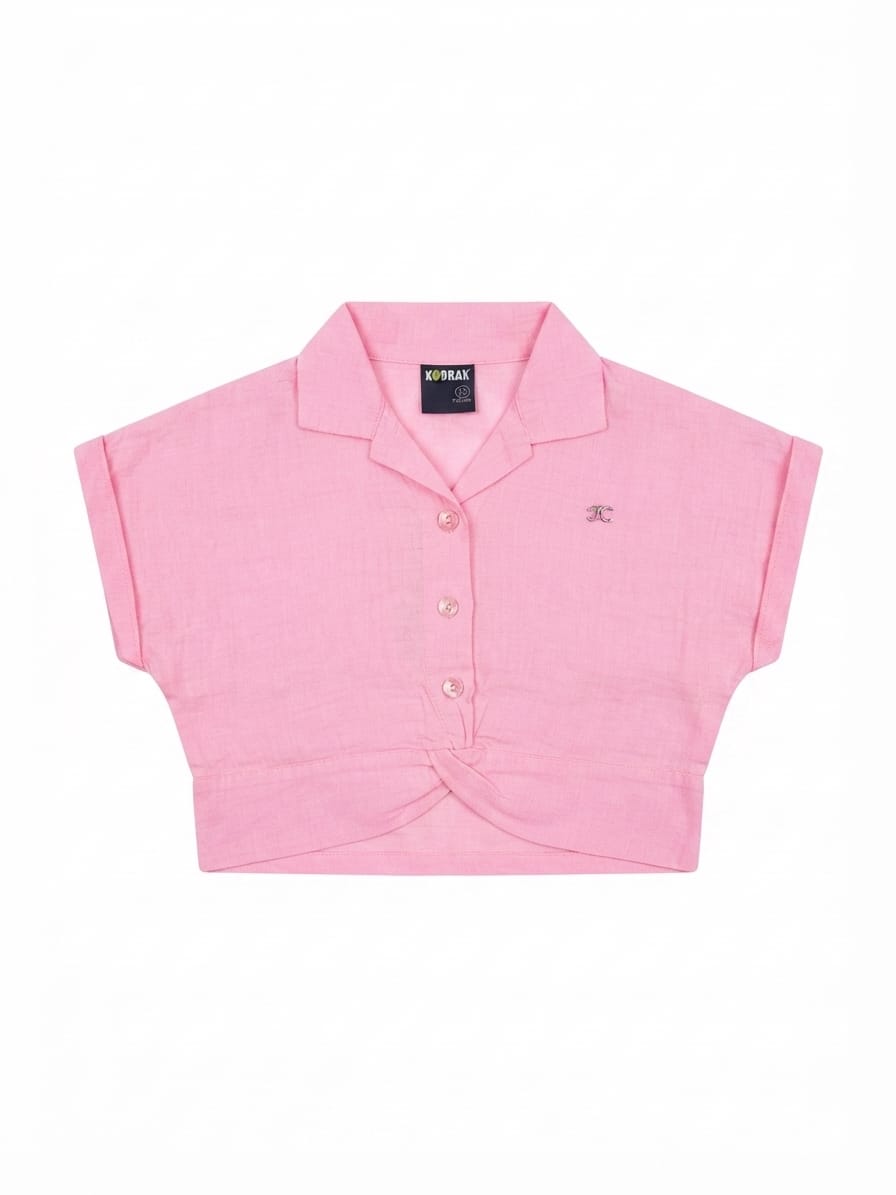 Pink Collared Twist Hem Girls Crop Top