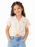 Girls Beige Collared Knot Front Crop Top
