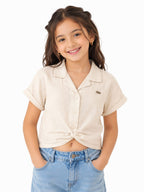 Girls Beige Collared Knot Front Crop Top