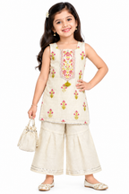 Girls Cream Sharara Set | Sleeveless Floral Printed Kurti with Wide Leg Sharara Pants | 2-Piece Traditional Ethnic Wear for Festivals and Parties