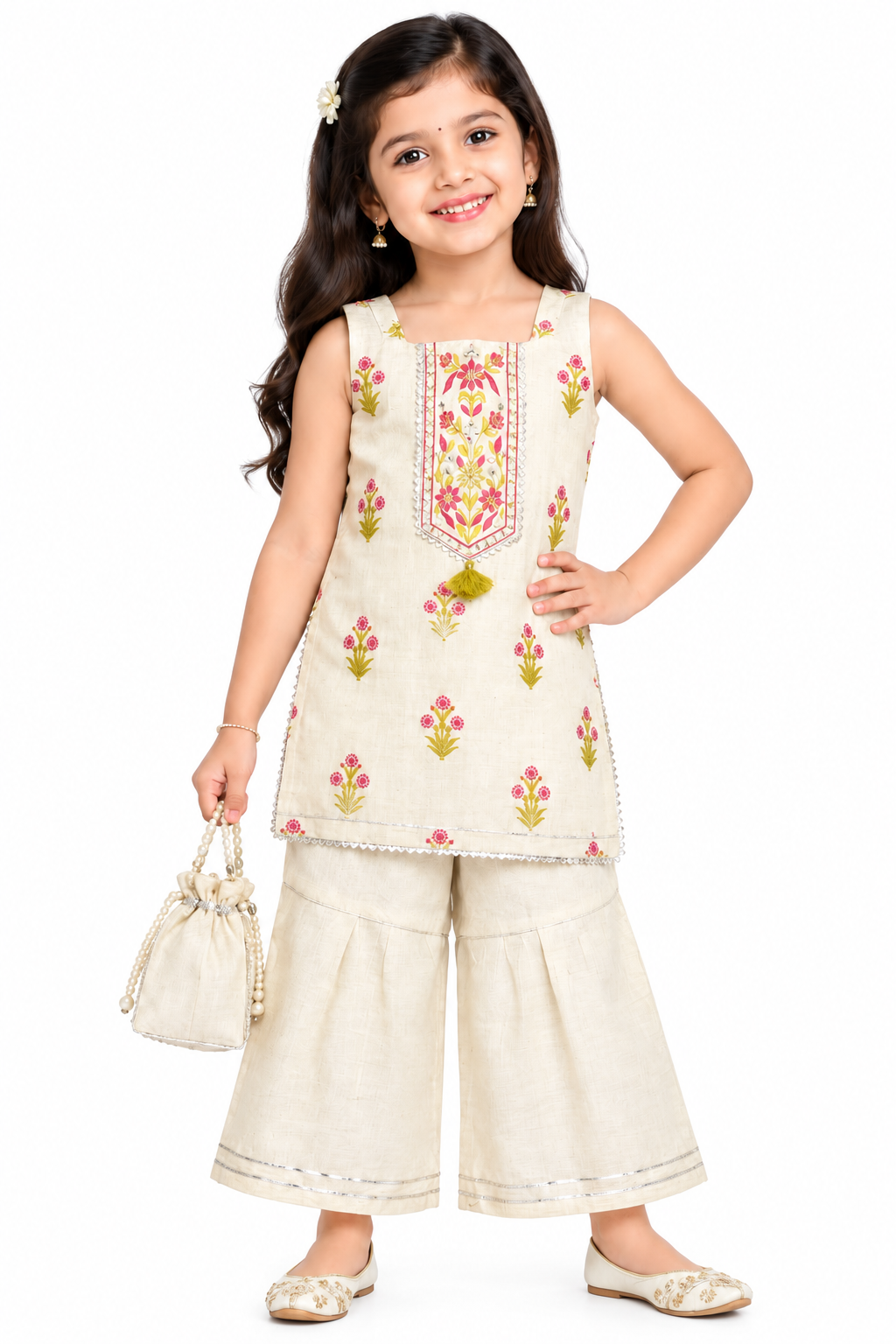 Girls Cream Sharara Set | Sleeveless Floral Printed Kurti with Wide Leg Sharara Pants | 2-Piece Traditional Ethnic Wear for Festivals and Parties