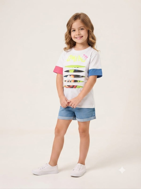 White Graphic Cut-Out Girls T-Shirt
