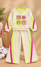 Girls Co-Ord Set | Full Sleeve Sweatshirt and Wide Leg Pants | Smiley Face Graphic Print | Contrast Stripe Detail | 2-Piece Casual Wear Set