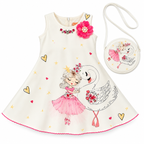 Girls White Printed Sleeveless Party Wear Frock with Ballerina & Swan Design, 3D Pink Floral Embellishment and Matching Sling Bag – Designer Dress Set