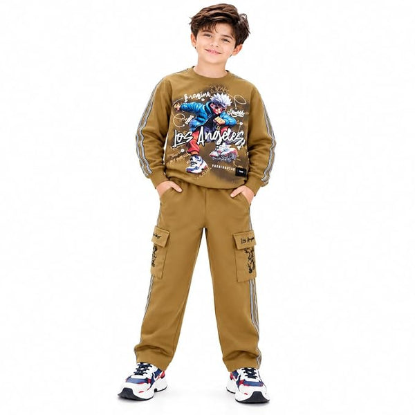 Boys Mustard Brown Printed Co-Ord Set with Sweatshirt and Cargo Jogger Pants | Full Sleeve Graphic Top with Side Stripes | Casual Outfit for Kids