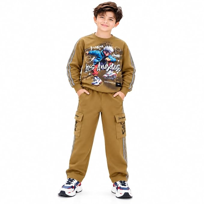 Boys Mustard Brown Printed Co-Ord Set with Sweatshirt and Cargo Jogger Pants | Full Sleeve Graphic Top with Side Stripes | Casual Outfit for Kids