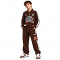 Boys Brown Printed Co-Ord Set with Full Sleeve Top and Jogger Pants | Collared Sweatshirt with Side Stripes and Cargo Pockets | Casual Outfit for Kids