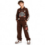 Boys Brown Printed Co-Ord Set with Full Sleeve Top and Jogger Pants | Collared Sweatshirt with Side Stripes and Cargo Pockets | Casual Outfit for Kids