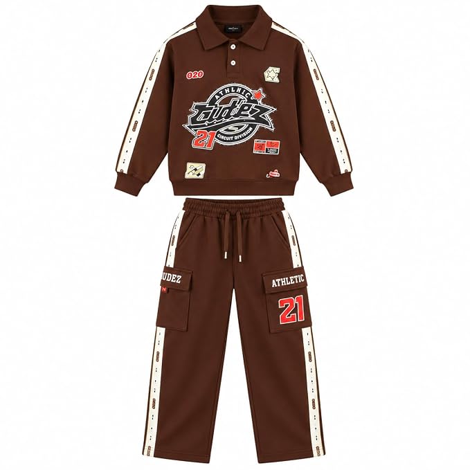 Boys Brown Printed Co-Ord Set with Full Sleeve Top and Jogger Pants | Collared Sweatshirt with Side Stripes and Cargo Pockets | Casual Outfit for Kids