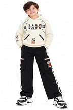 Boys Cream Hoodie and Black Cargo Jogger Co-Ord Set | Full Sleeve Graphic Sweatshirt with Wide Leg Pants and Side Stripes | Casual Outfit for Kids