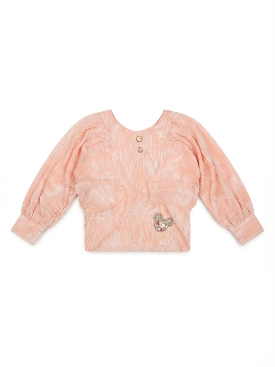 Peach Printed Puff Sleeve Girls Top