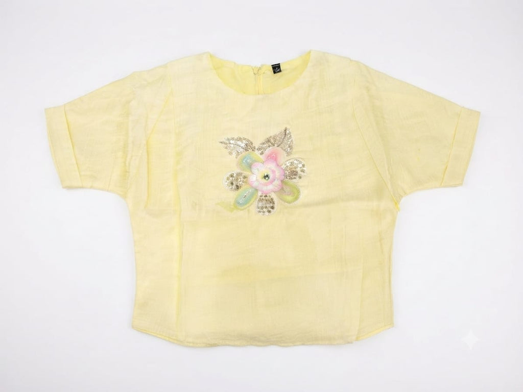 Pastel Yellow Floral Embellished Girls Top