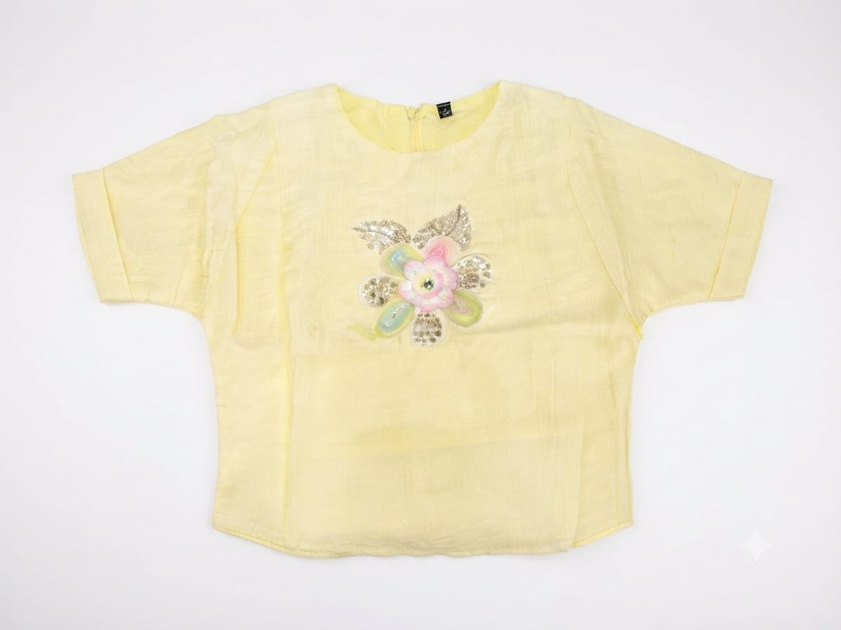 Pastel Yellow Floral Embellished Girls Top