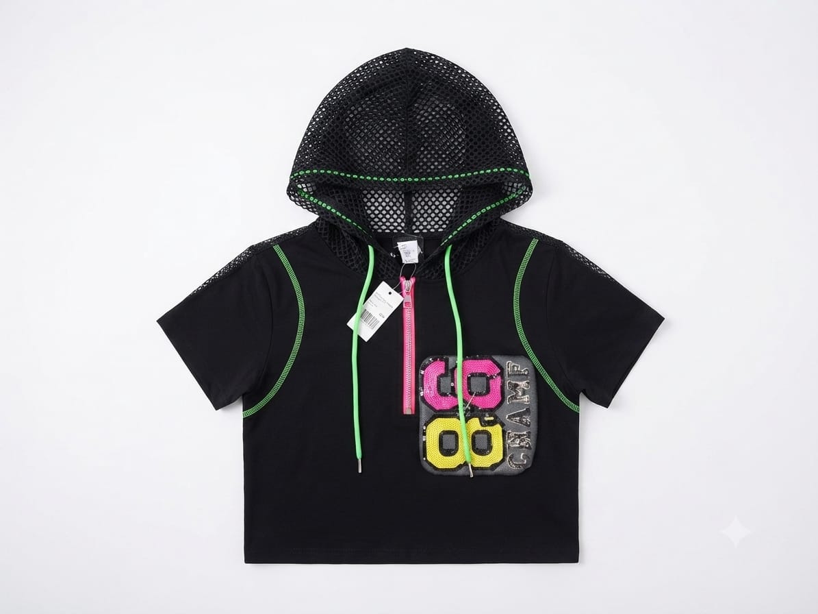 Girls Black Hooded Crop Top with Mesh Hood
