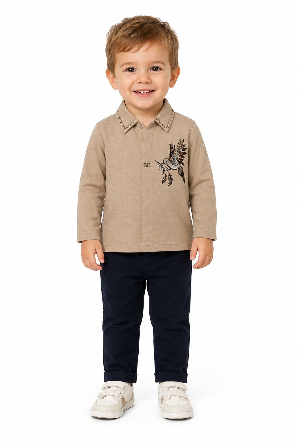 Boys' Elegant Tan Party Wear Collared Long-Sleeve Top