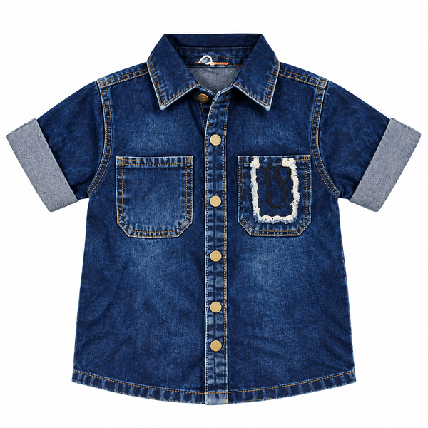 Boys World Boys Denim Casual Shirt with Dual Chest Pockets and Roll-Up Sleeves – Dark Blue
